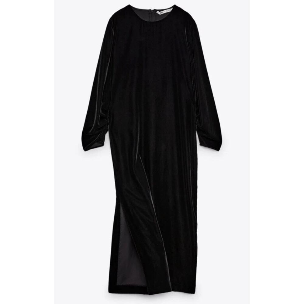 Zara Black Draped Velvet Dress M | Long Sleeve Side Slit